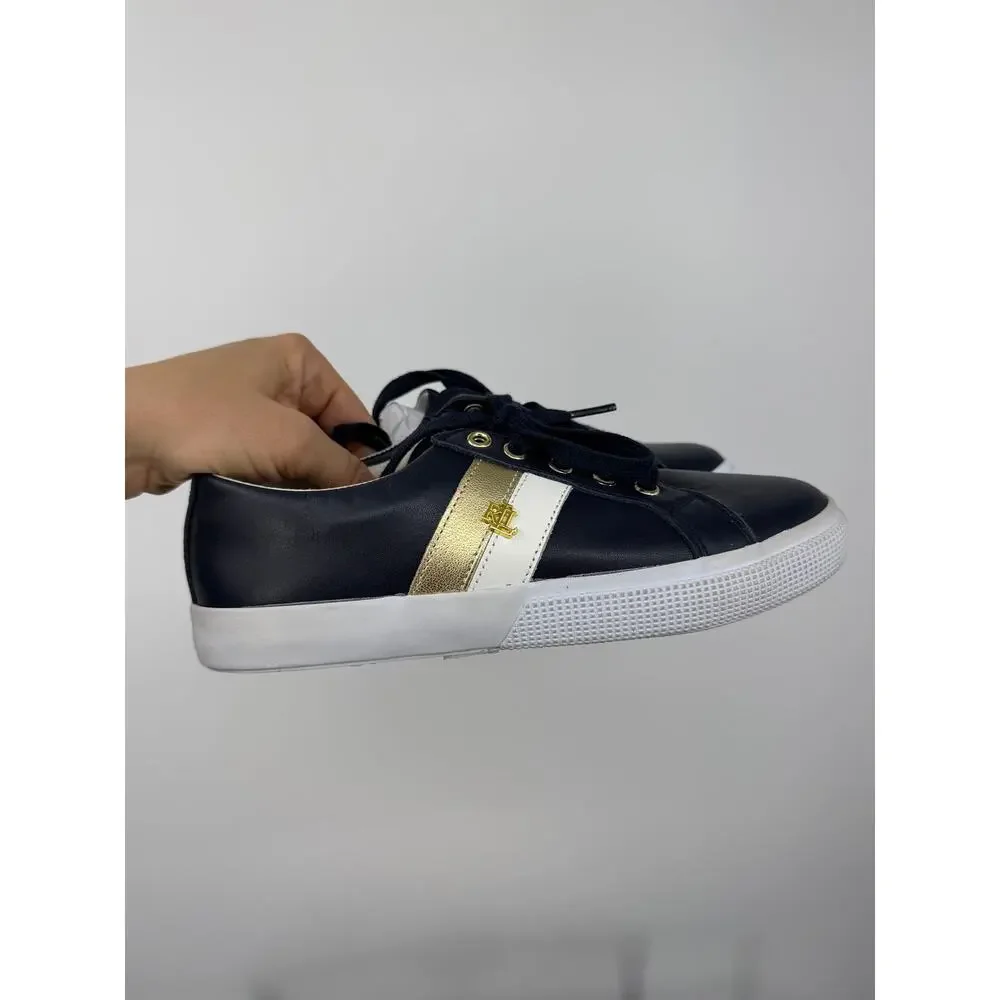 Ralph Lauren Womens Jason II Leather Sneakers Size 6 Navy Gold Logo Retro Preppy - Picture 5 of 9